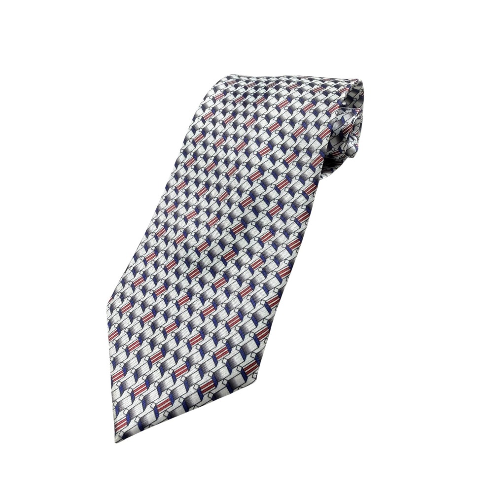 Milano Mens Silk Tie Made in Italy Geometric 3D Pattern Silver Blue Red Necktie